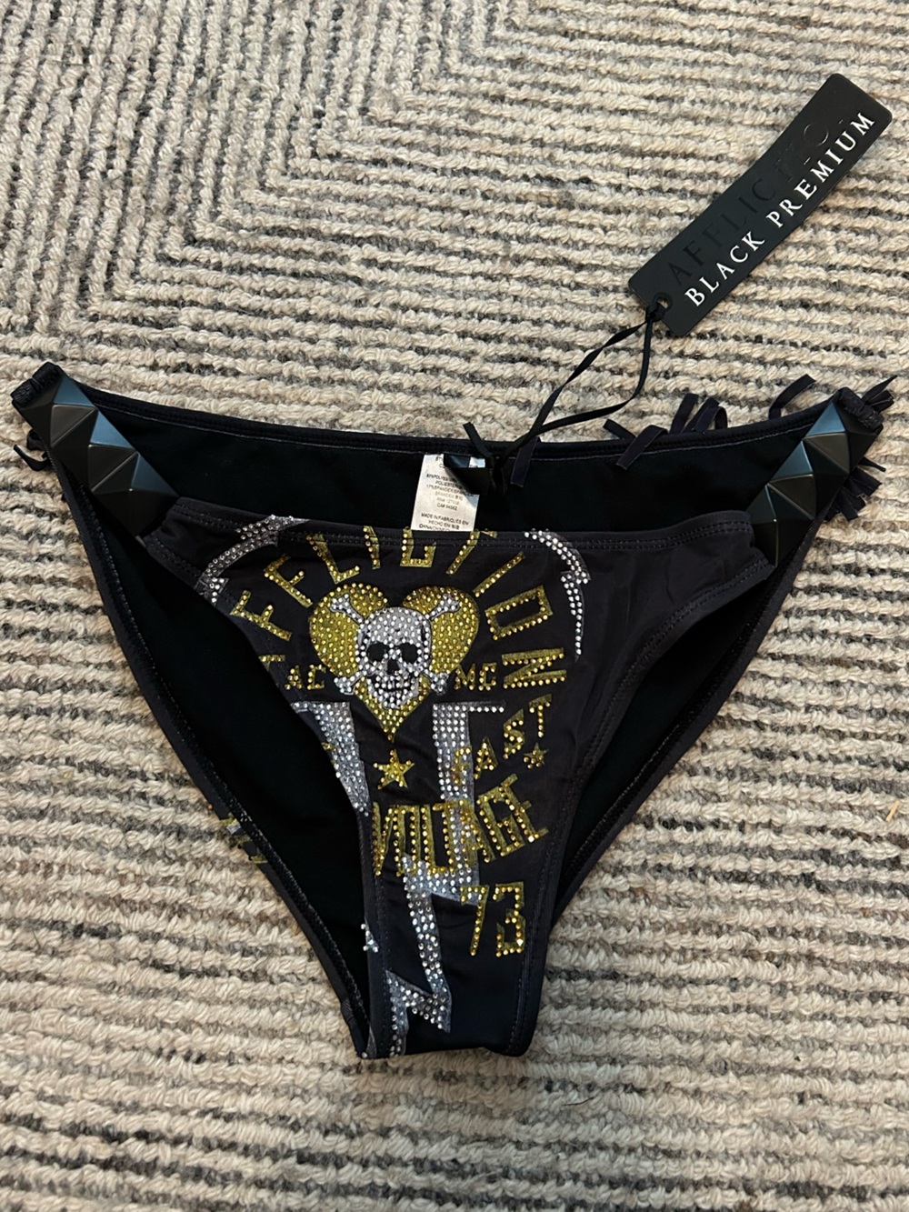 Y2K Bikini Bottoms Womens Large Affliction Grunge Bling Cross Goth Skull